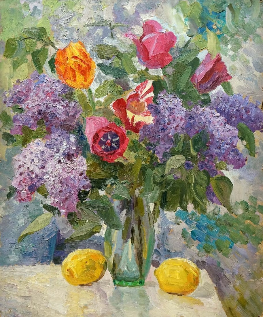 Oil painting Flowers: Title: Oil painting Flowers Description: NoVerns 308 *** ABOUT THIS PAINTING *** * TITLE: "Flowers" * ARTISTS: Unknown artist * SIZE: 41x50 cm/'16.14x19.68 inches' * MEDIUM: oil, cardboard * HAND PAIN