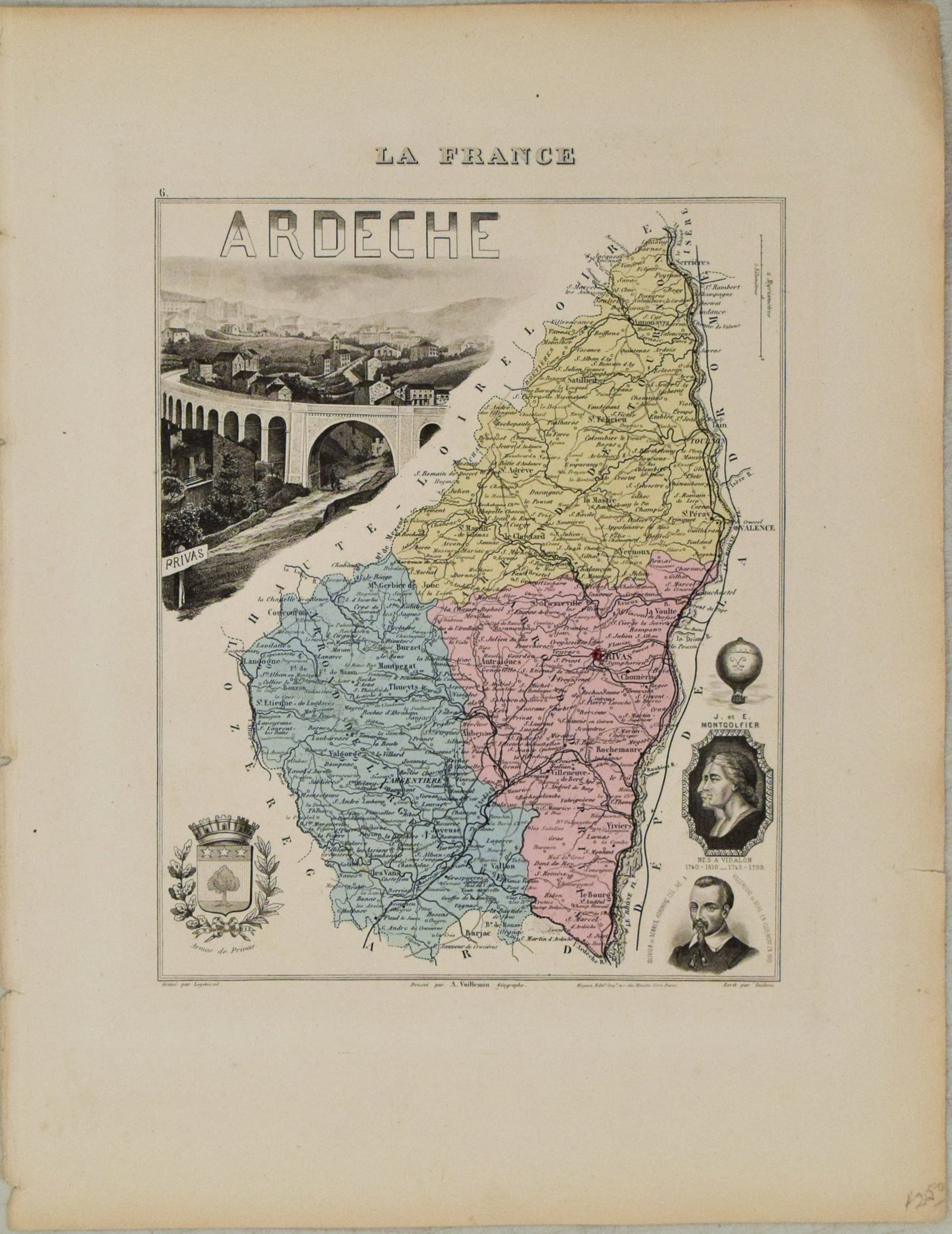 1881 Vuillemin Map of Southern France Along the Rhone -- Ardeche