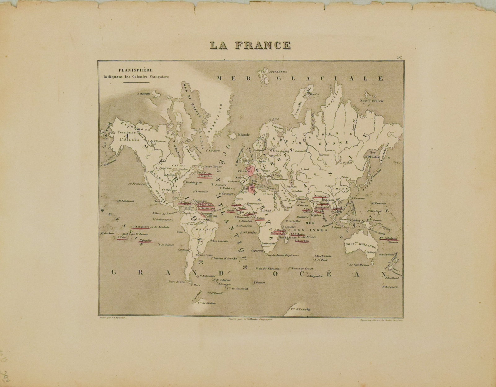 1881 Vuillemin World Map with French Colonies Shown -- Planisphere: Indiquant les Colonies Francises: Title:1881 Vuillemin World Map with French Colonies Shown -- Planisphere: Indiquant les Colonies Francises,li>Cartographer:A Vuillemin Year/Place:1881 Paris Map Dimension (in.):7.6 X 8.5 in Descriptio