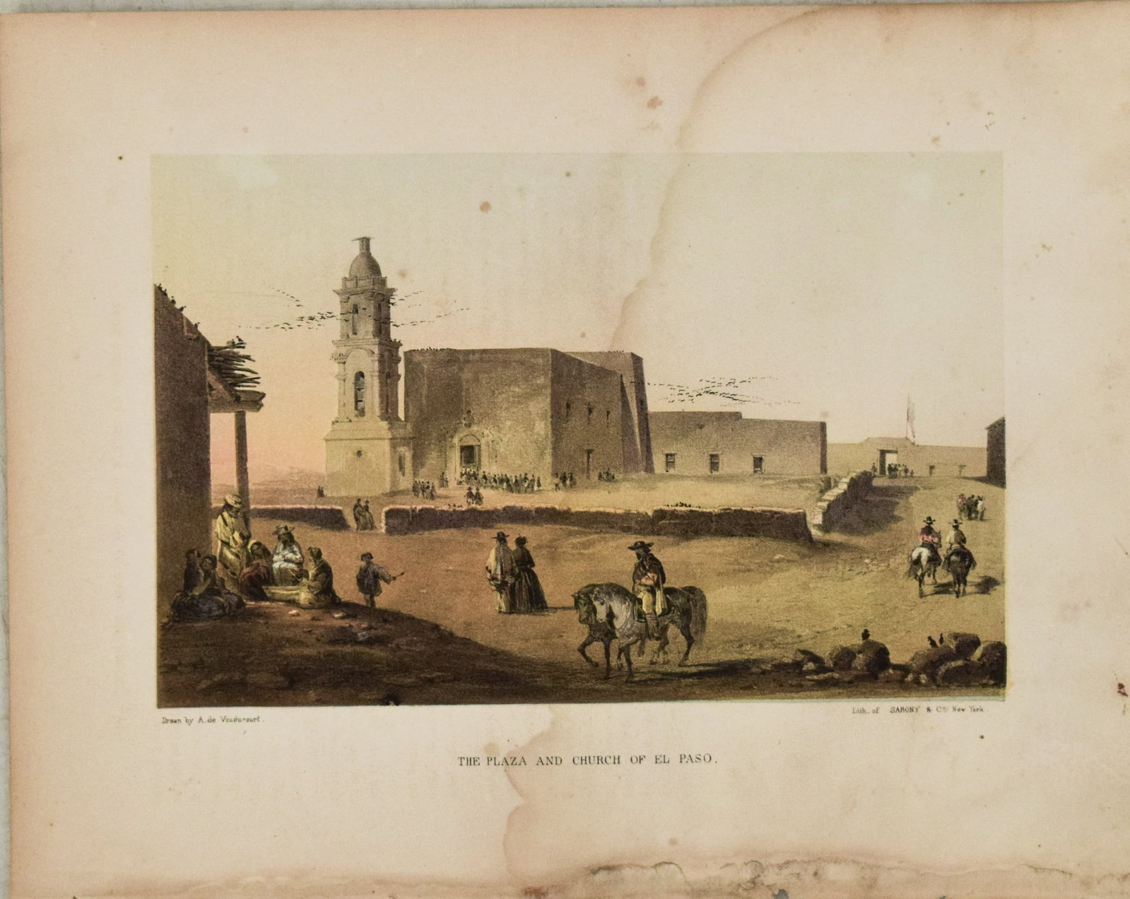 1858 deVaudricourt/ Emory View of El Paso, TX -- The Plaza and Church of El Paso (1 of 1)