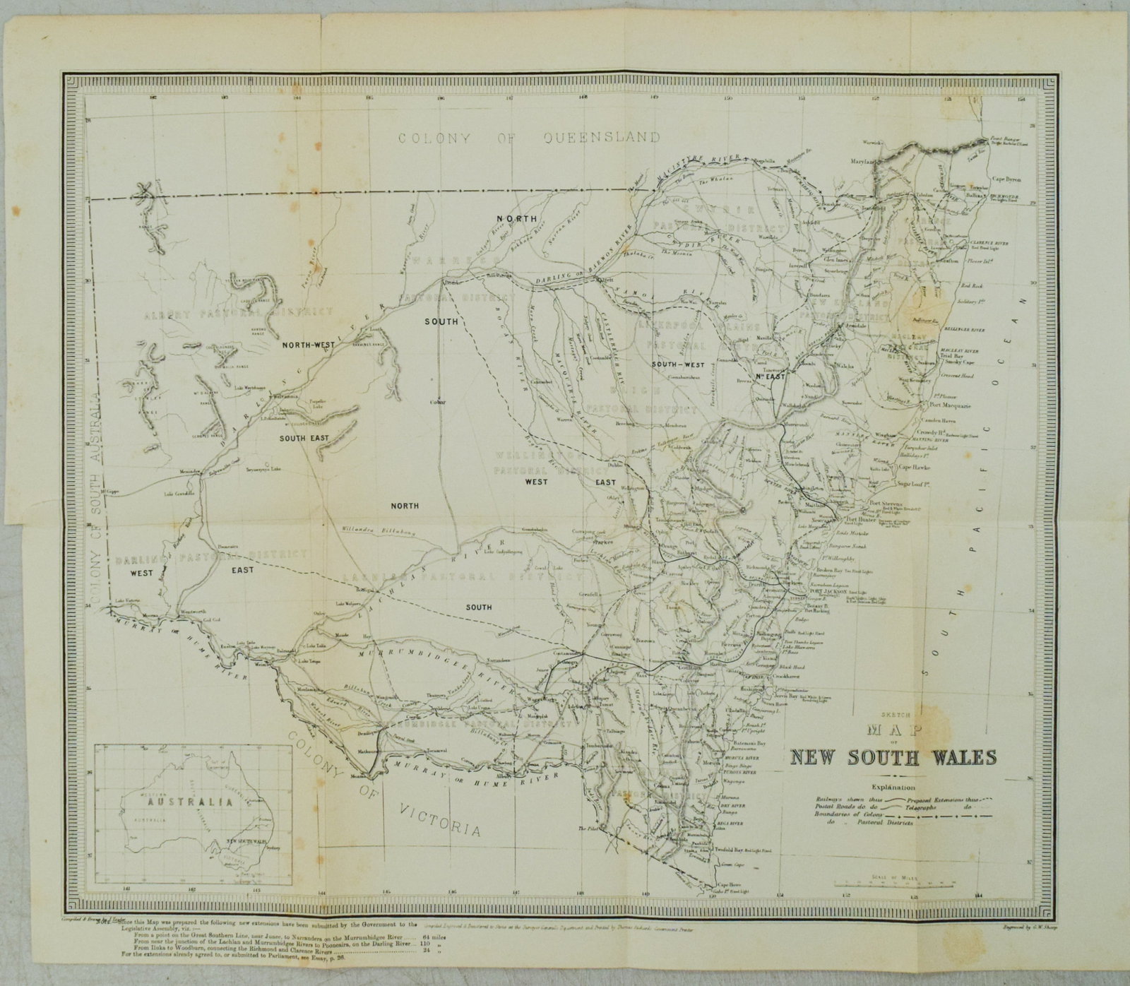 1876 Sharp Map of New South Wales -- Sketch Map of New South Wales: Title:1876 Sharp Map of New South Wales -- Sketch Map of New South Wales,li>Cartographer:G Sharp Year/Place:1876, Sydney Map Dimension (in.):14.6 X 17 in. Description:This is a fascinating and