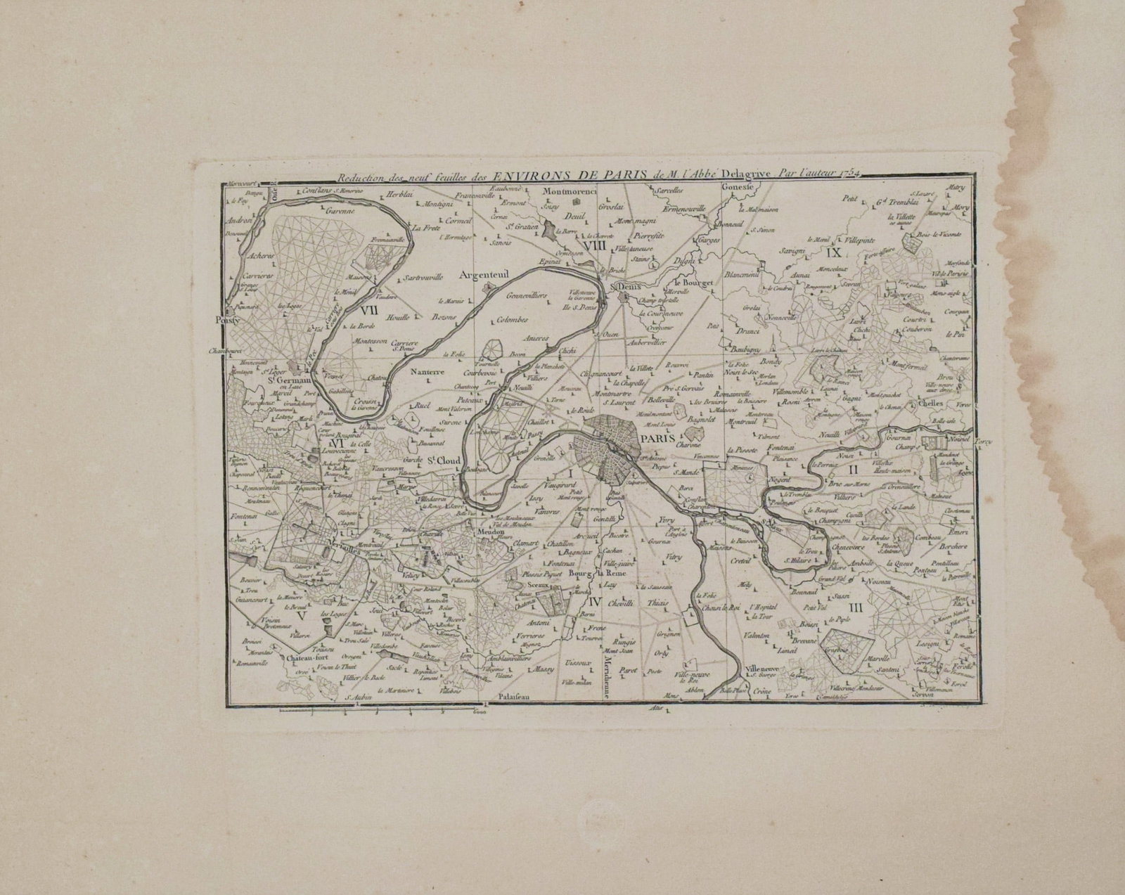 1754 but early 1800s Delagrive Map of Paris Environs in Reduced Size -- Reduction des neuf feuilles: Title:1754 but early 1800s Delagrive Map of Paris Environs in Reduced Size -- Reduction des neuf feuilles des Environs de Paris de M. l'Abbe Delagrive Par l'auteur 1754,li>Cartographer:J Delagrive