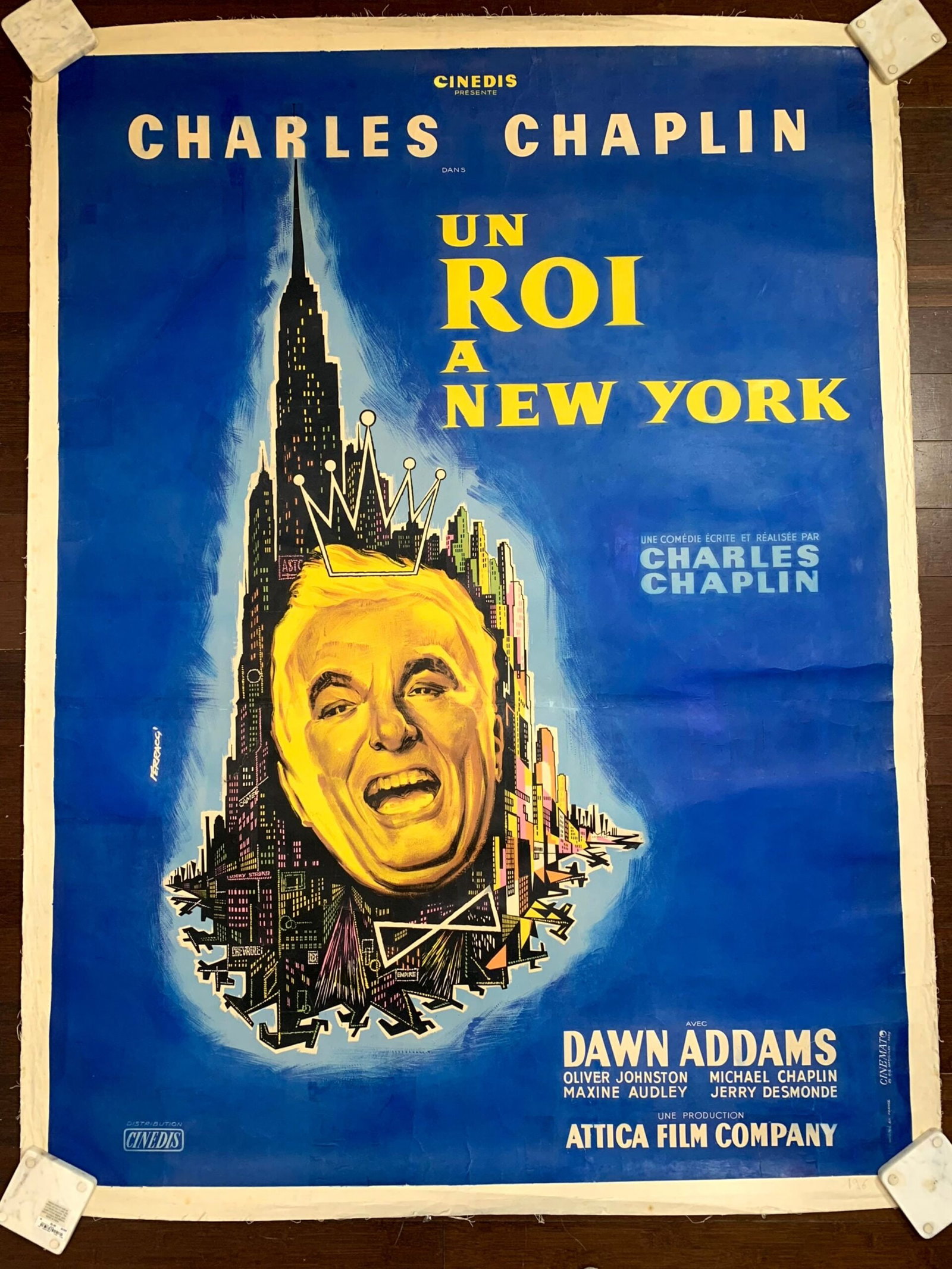 King in New York - Chaplin - Art by Ferracci (1957) 45.5"x61.5" French Movie Poster LB (1 of 6)