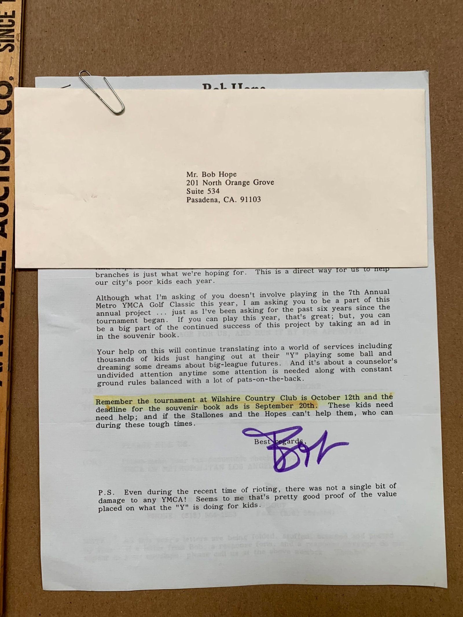 Bob Hope Correspondence - Sylvester Stallone (1992) 9x13 US Signed Letter & Envelope (1 of 3)