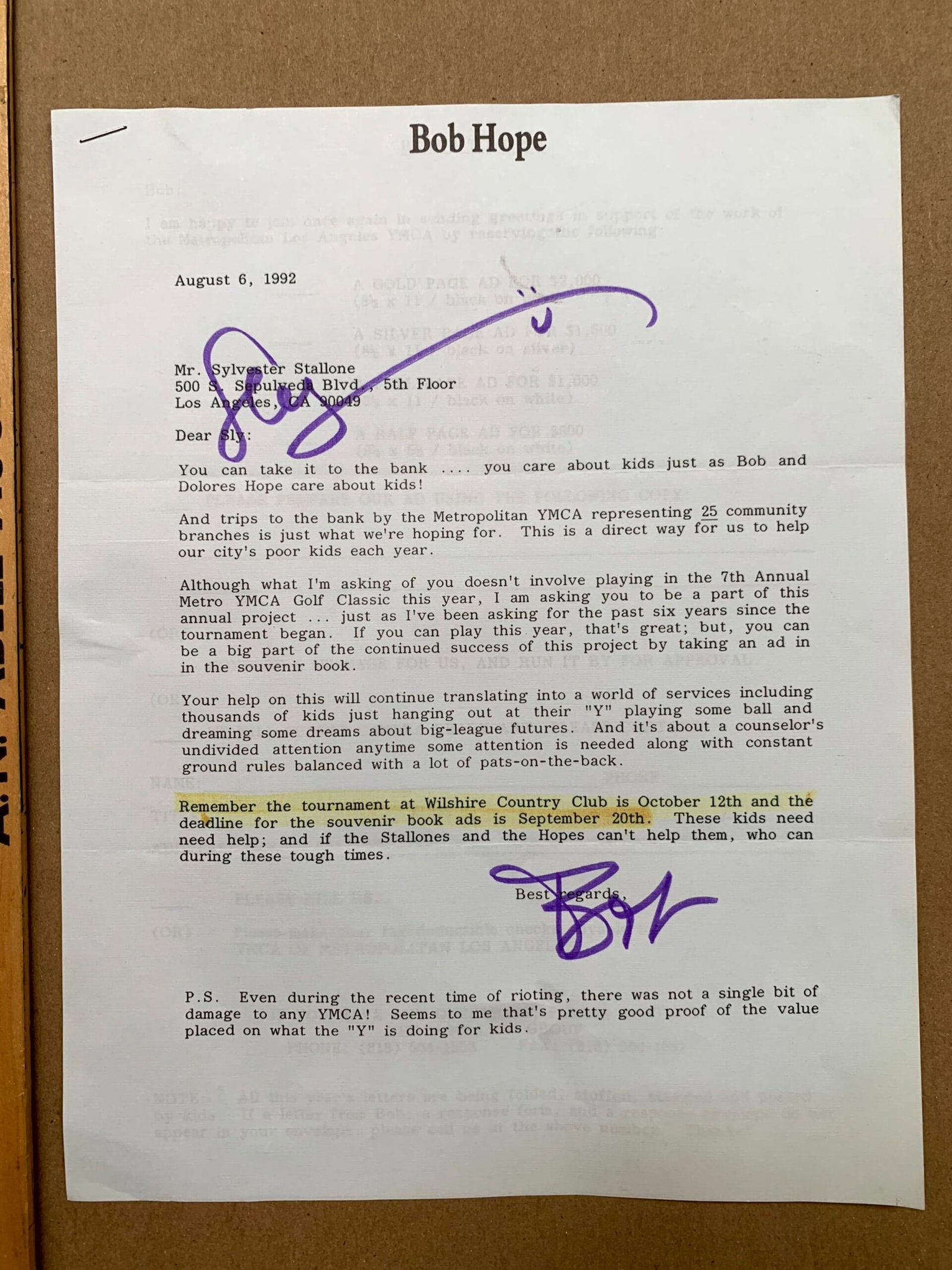 Bob Hope Correspondence - Sylvester Stallone (1992) 9x13 US Signed Letter & Envelope - 2