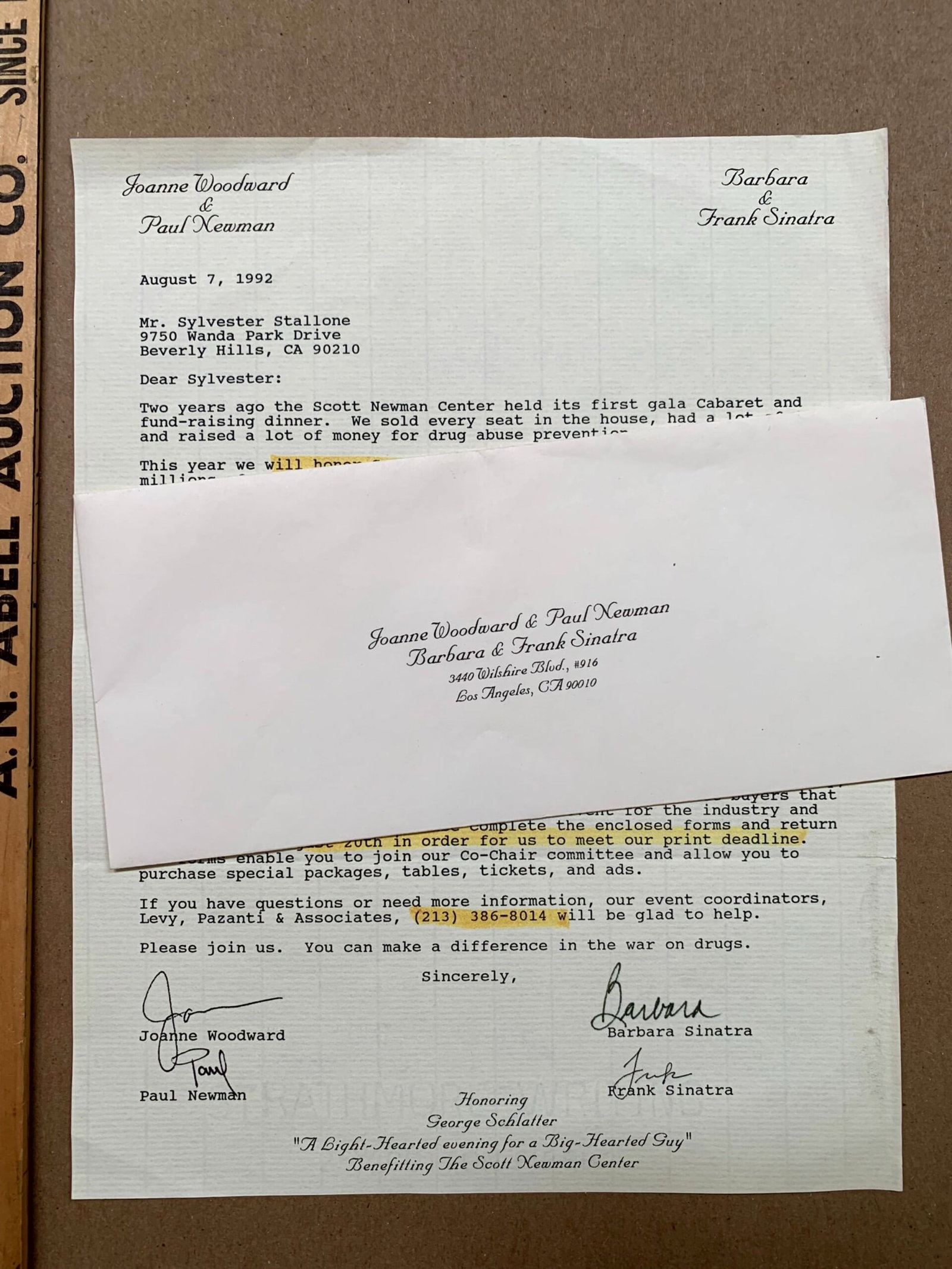 Paul Newman/Frank Sinatra Correspondence - Sylvester Stallone (1992) 9x13 US Signed Letter & (1 of 2)