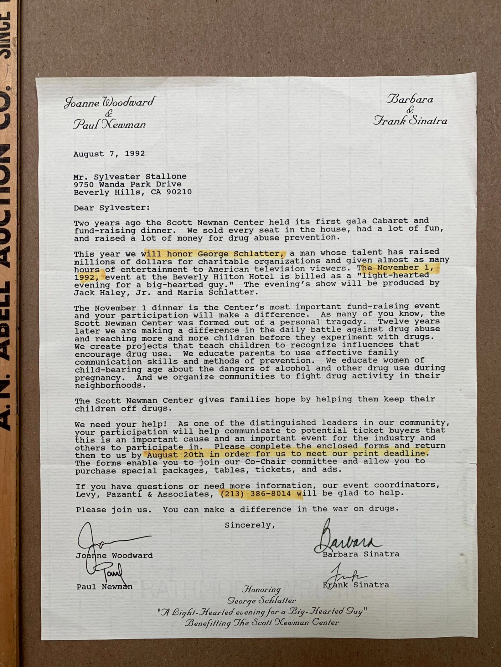 Paul Newman/Frank Sinatra Correspondence - Sylvester Stallone (1992) 9x13 US Signed Letter & - 2