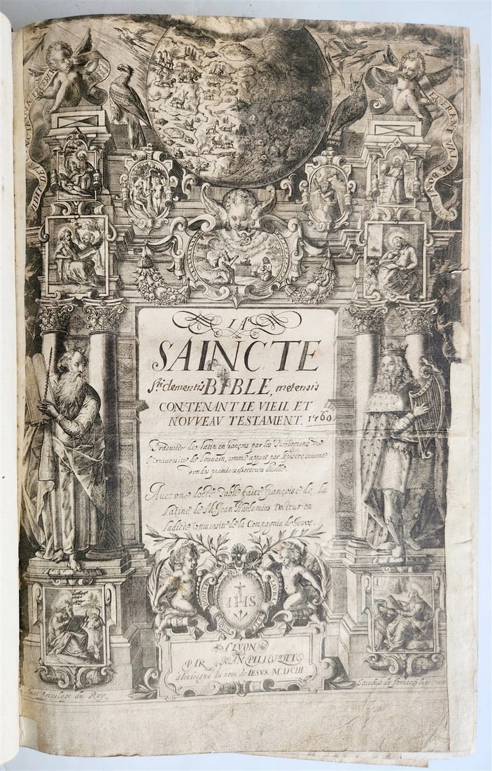 1603 BIBLE in FRENCH ILLUSTRATED FOLIO antique: La Saincte Bible. Lyon: Jean Pillehotte, 1603-04 RARE Louvain edition with tables by Jean Harlemius. Title within engraved border by Jacob de Fornazeris, full page woodcuts and a profusion of woodcut 