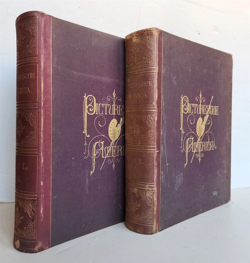1874 PICTURESQUE AMERICA by WILLIAM BRYANT 2 FOLIO VOLUMES ILLUSTRATED antique: PICTURESQUE AMERICA by WILLIAM BRYANT New York; n.d. (copyright 1874) 2 volumes, complete Original cloth decorated in gilt. Gilt edges Heavy folios. Size 10.5 by 13" Fully illustrated with beautiful