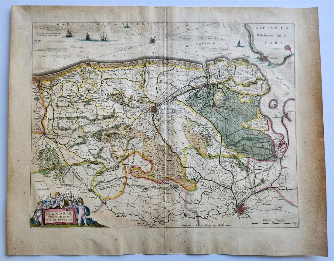 1640 EAST FLANDERS BELGIUM MAP by WILLEM BLAEU antique AUTHENTIC hand colored (1 of 5)