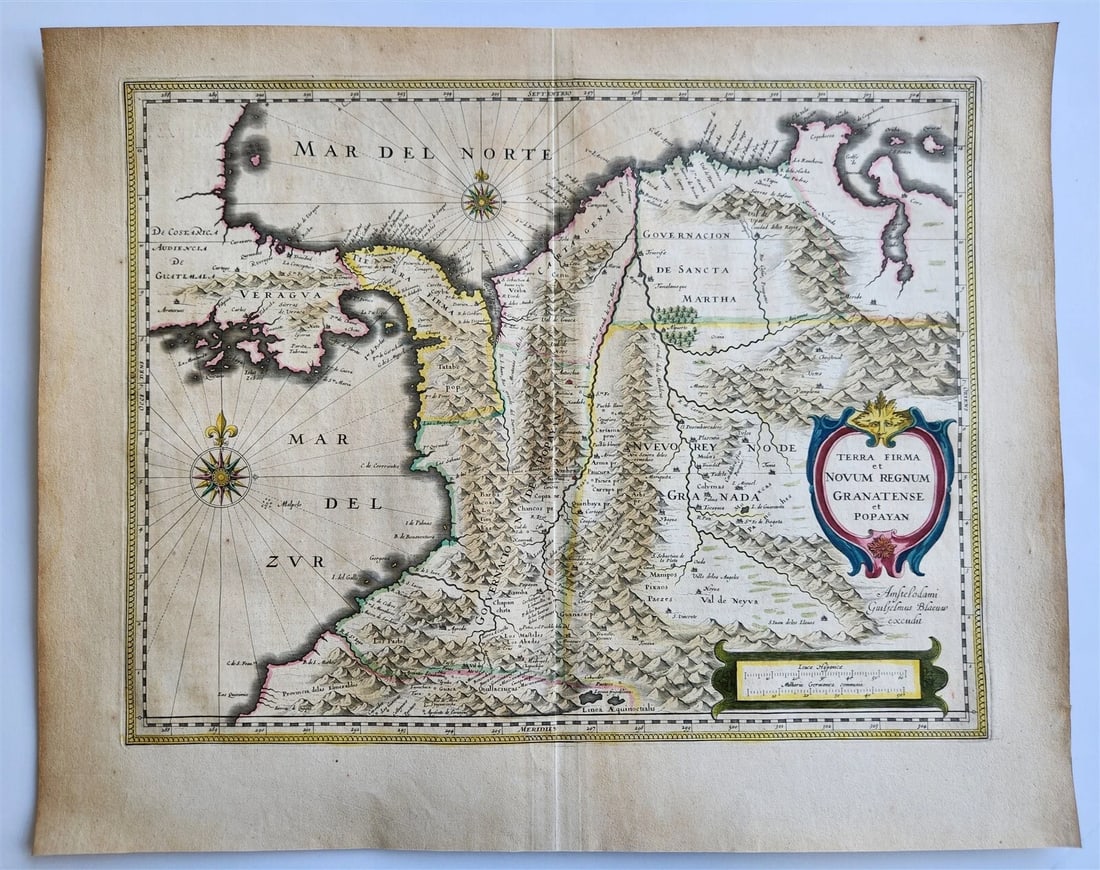 1640 COLOMBIA MAP by WILLEM BLAEU antique AUTHENTIC hand colored: MAP TERRA FIRMA et NOVUM REGNUM GRANATENSE et POPAYAN (COLOMBIA) Amsterdam: Willem Blaeu; 1640. (from : Theatrum orbis terrarum, sive Atlas novus) Hand colored Overall 18 by 22.5 inches Very good