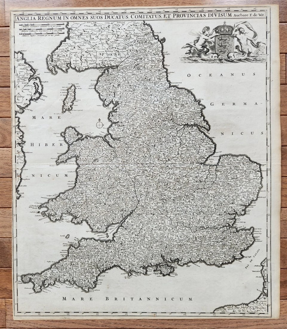 1688 antique MAP of ENGLAND & WALES by FREDERICK DE WIT antique AUTHENTIC: Anglia Regnum in Omnes suos Ducatus, Comitatus, et Provincias Divisum by Frederick de Wit (Amsterdam, c. 1688) Size 20 by 23.5 inches good condition, minor wear = Reserve: $300.00 Shipping: Domestic: