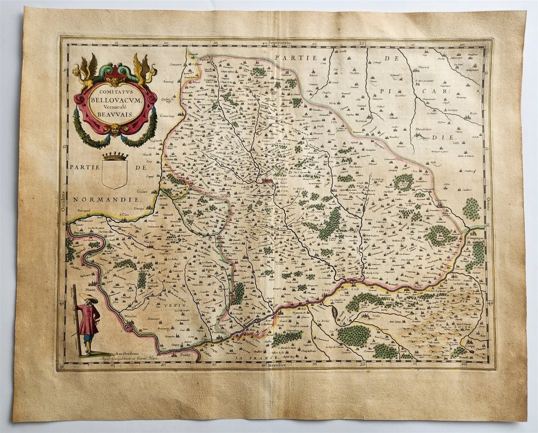 1640 MAP of BEAUVAIS REGION FRANCE by WILLEM BLAEU antique AUTHENTIC handcolored: MAP COMITATUS BELLOVACUM VERNACULE BEAUVAIS; FRANCE Amsterdam: Willem Blaeu; 1640. (from : Theatrum orbis terrarum, sive Atlas novus) Beauvais region in France. Includes the towns of Meulan,