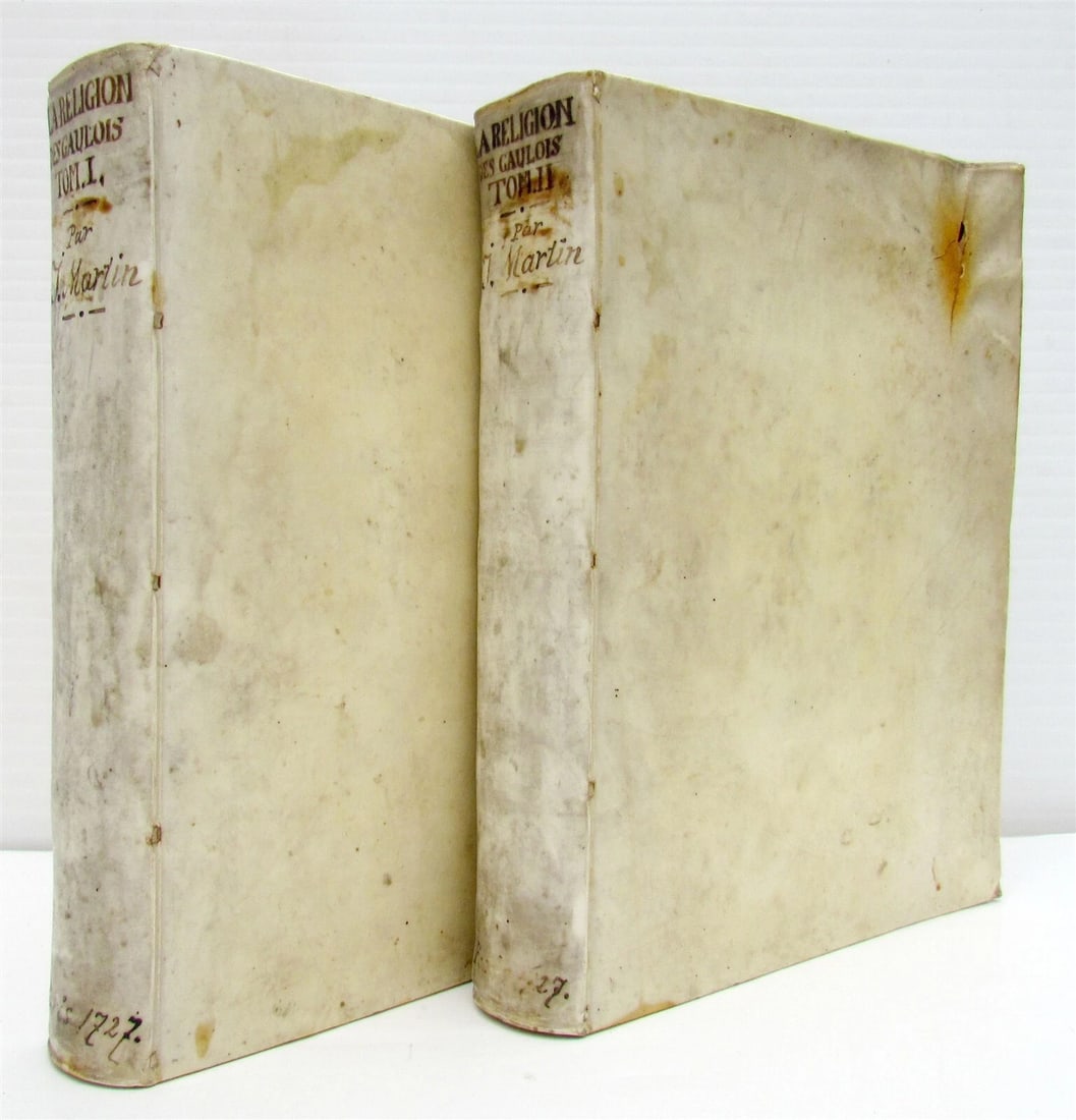 1727 Religion of Gauls ANCIENT CELTIC MYTHOLOGY 2 VOL antique ILLUSTRATED Vellum: [Martin (Jacques)] La Religion des Gaulois, tirée des plus pures sources de l'Antiquité Paris, Saugrin fils, 1727 2 volumes Half-title, 44 engraved plates, good interior, lightly browned, or