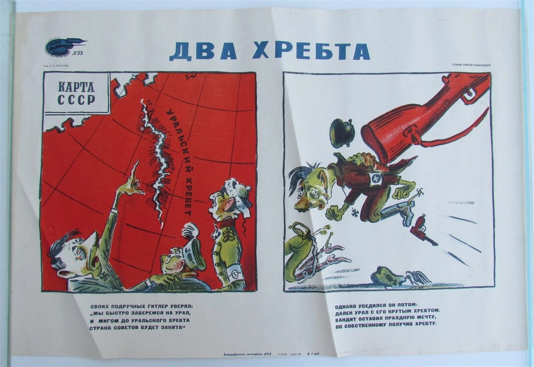RUSSIAN MILITARY WWII ERA POSTER by MURATOV vintage: Size 14 by 21.5" Good condition, folds. <