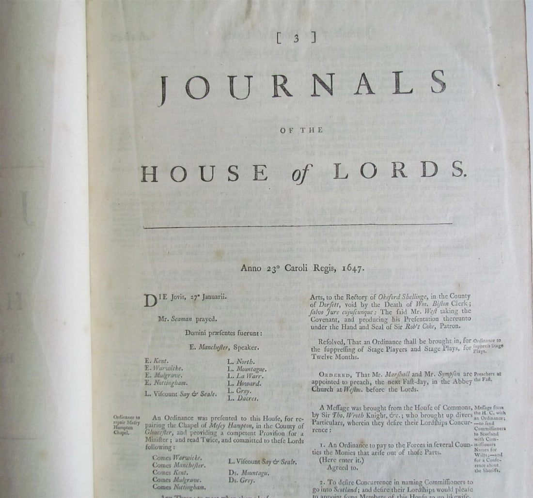 JOURNALS OF THE HOUSE OF LORDS 1647-1648 large folio antique in ENGLISH - 4