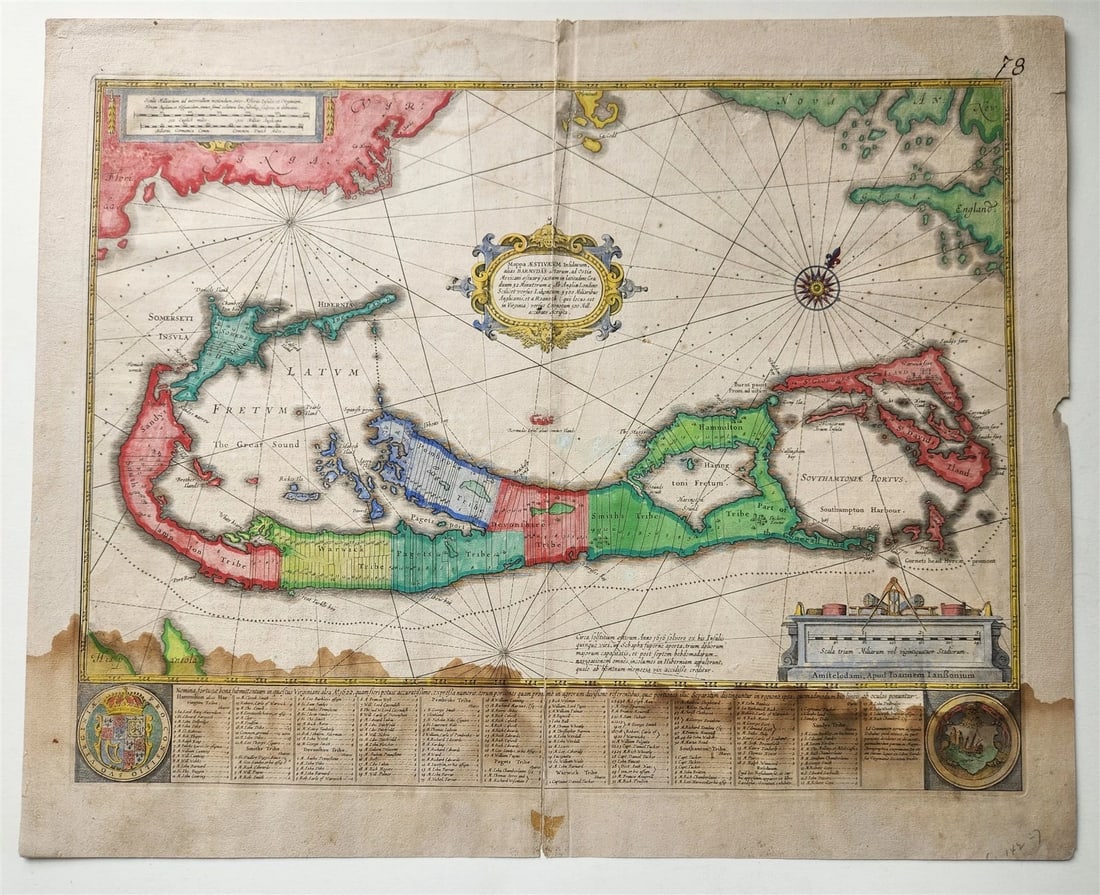 1633 BERMUDA MAP antique 18x22" by Henricus Hondius HAND COLORED: BERMUDA Mappa Aestivarum Insularum, alias Barmudas c. 1633 Size about 15.5 BY 20.5 inches (18 by 22.5 inches with margins) Hand colored Dampstained 100% authentic Henricus Hondius, a Dutch mapmaker,