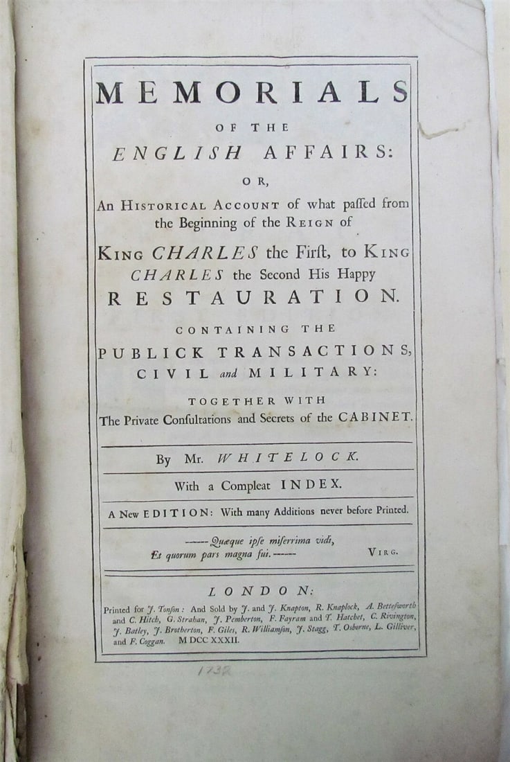 1732 MEMORIALS OF ENGLISH AFFAIRS by WHITELOCK antique LARGE FOLIO: Size 10.5 by 16.5" Worn binding. Very good condition of pages except wormhole in the upper right corner of first few pages. Published in London in 1732 . Reserve: $210.00 Shipping: Domestic: