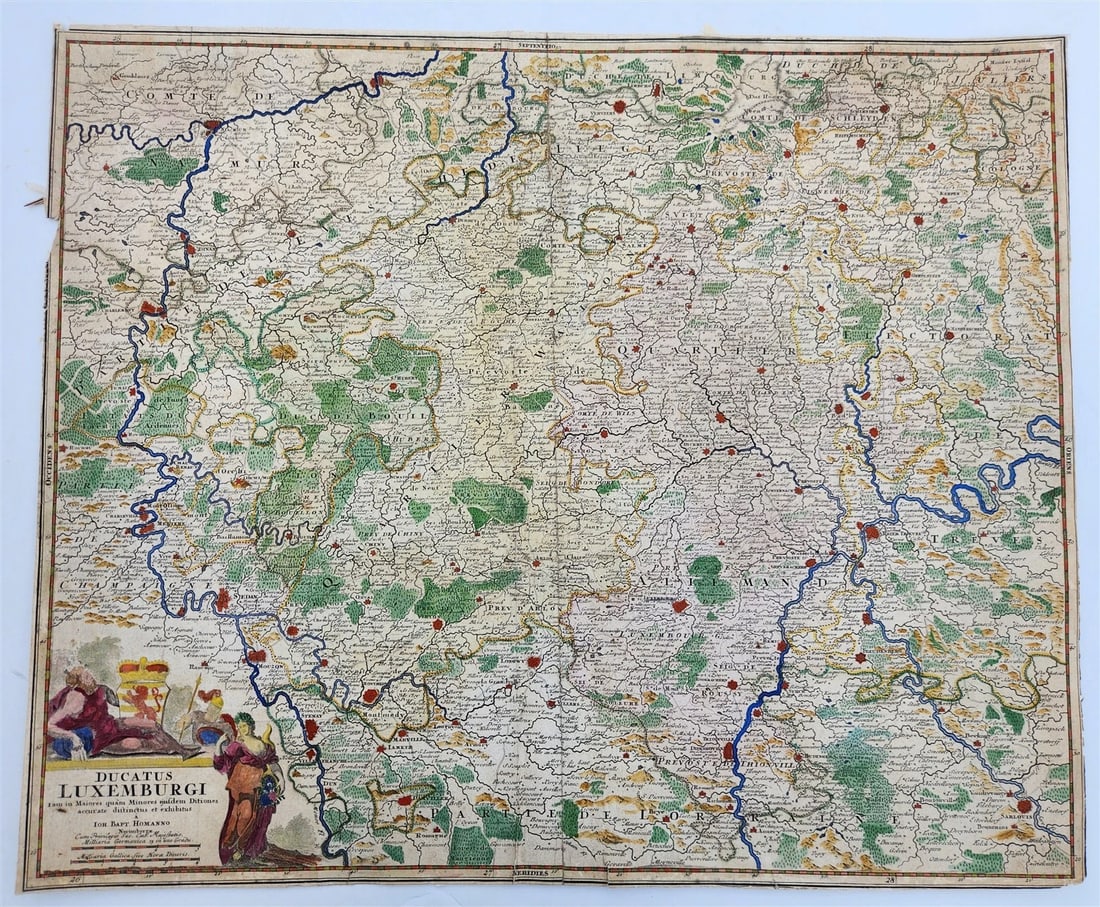 1730 MAP of Luxembourg antique DUCATUS LUXEMBURGI: DUCATUS LUXEMBURGI (Duchy of Luxembourg) by Johann Baptist Homann Nuremberg; n.d. (c.1730) Hand colored Size (overall) : 19 by 23" Trimmed margins Text in Latin = Reserve: $250.00 Shipping:<