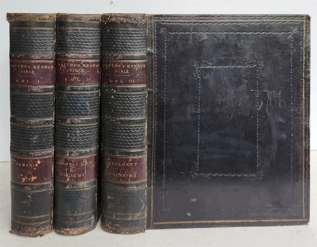 1850 BIBLE in ENGLISH FULLY ILLUSTRATED 3 VOLUMES antique by Rev. Matthew Henry: Rev. Henry, Matthew The Family Devotional Bible 2 vols. bound in 3 J. and F. Talis and Co.; no date (c.1850) with numerous steel engraved plates. Original blind and gold ruled full leather Some wear o