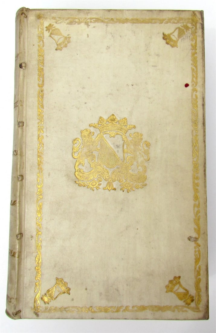 1744 ROMAN HISTORY ARMORIAL VELLUM BINDING antique w/ MAP by LUCIUS FLORUS: Lucius Annaeus Florus Epitome Rerum Romanarum Ed. C.A. Duker. Leyden, S. Luchtmans, 1744 2 parts in 1 vol. (58),858[= 874],(120),39[= 47],(1)p. Engraved frontispiece, folding map Original vellum, scho