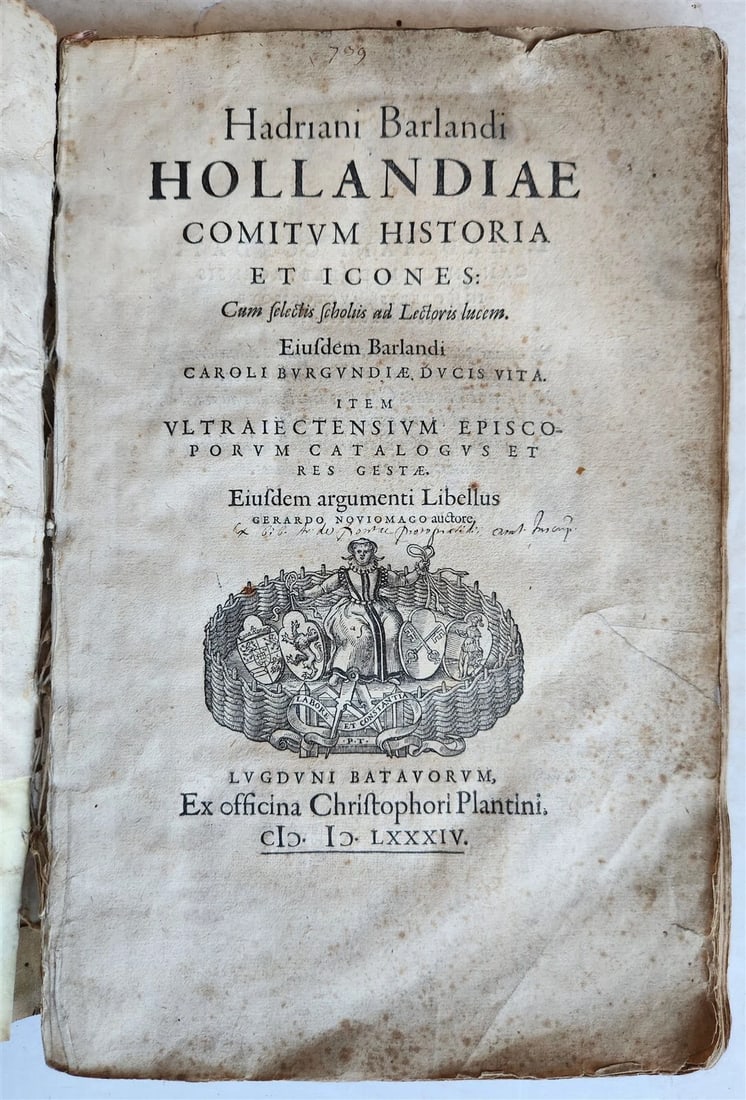 1584 HISTORY of HOLLAND antique ILLUSTRATED vellum bound Netherlands 16th CENT.: Adriaan van Baerland (1487-1538) / Philip Galle (1537-1612) Hadriani Barlandi Hollandiæ comitum historia et icones: (...). Leiden by C. Plantini ("ex officina Chistophori Plantini") ; 1584 Size 8