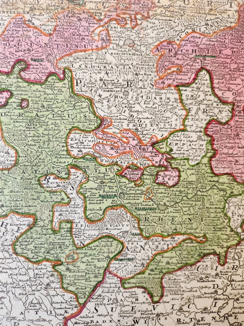 1730 GERMANY antique MAP Frankfurt Coln Heidelberg by HOMANN RHENANUS INFERIOR - 4