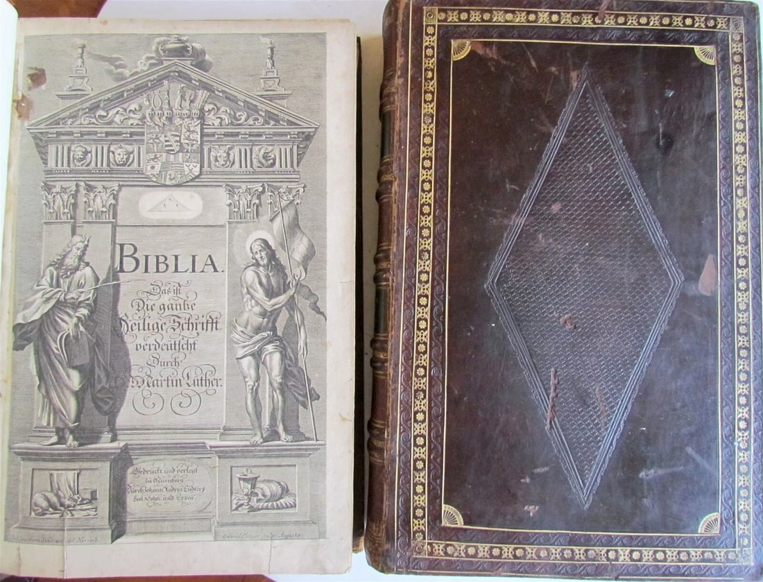 1708 BIBLE in GERMAN 3 MASSIVE FOLIO VOLUMES MARTIN LUTHER ILLUSTRATED antique: Biblia das ist die gantze Heilige Schrifft Altes und Neues Testament by Doctor Martin Luther 3 volumes Large, massive folios: 11 by 17" Weight 28 lbs Illustrated Very good interior, minor wear. Origin