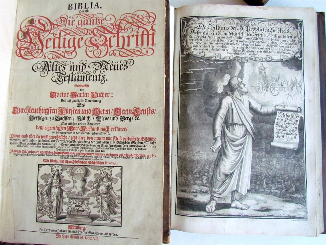 1708 BIBLE in GERMAN 3 MASSIVE FOLIO VOLUMES MARTIN LUTHER ILLUSTRATED antique - 3