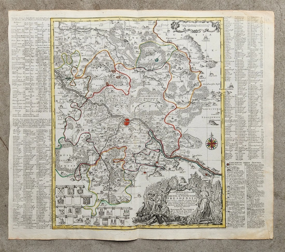 1750s GERMANY SAXONY DRESDEN antique MAP by Matthaus Seutter: Accuratissima Delineatio Geographica Dioecesis Ac Praefecturae Dresdensis : cuius urbis, oppida et pagi, loca item contermina, et quae in singulis notatu digniora videntur exactiori methodo Geometrice