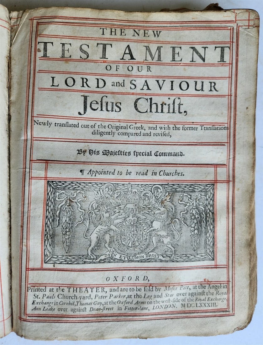 1683 BIBLE in ENGLISH Oxford, at the Theatre antique w/ BOOK of PSALMES: 1683 BIBLE in ENGLISH The Old and New Testament Lacks OT title page; PP: A-Lll2; The New Testament. Oxford, at the Theatre, 1683 PP: Aaaa-Rrrr6, A-D4 (Index); Bound with: The book of Psalmes. London: 