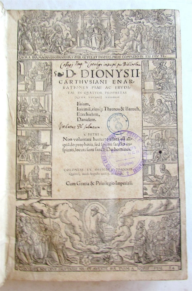 1548 Book of Prophets Commentaries by Dionysius Carthusian antique FOLIO vellum: ENARRATIONES PIAE AC ERUDITAE IN QUATUOR PROPHETAS (QUOS VOCANT) MAIORES: ISAIAM, JERERMIA[M], EIUSQU[UE] THRENOS & BARUCH, EZECHIELEM, DANIELEM [...]. by Dionysius Carthusian Cologne; Aug. 1548 Folio