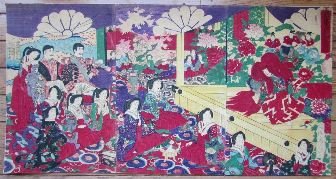 JAPANESE WOODBLOCK PRINT TRITYCH THEATRICAL PERFORMANCE EDO PERIOD: Size 14 by 27" Very good condition, backed on archival paper Reserve: $231.00 Shipping: Domestic: Flat-rate of $25.00 to anywhere within the contiguous U.S. International: Foreign shipping rates are d
