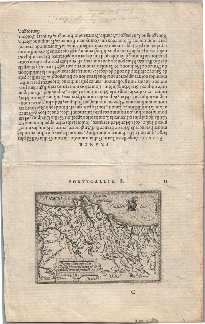1572 MAP of FRANCE & PORTUGAL from SEBASTIAN MUNSTER COSMOGRAPHIA antique: MAP of FRANCE & PORTUGAL on the REVERSE from 1572 SEBASTIAN MUNSTER COSMOGRAPHIA Size 6 1/2 by 10 3/4 inches = Powered by SixBit's eCommerce Solution Reserve: $98.00 Shipping: Domestic: Flat-rate of