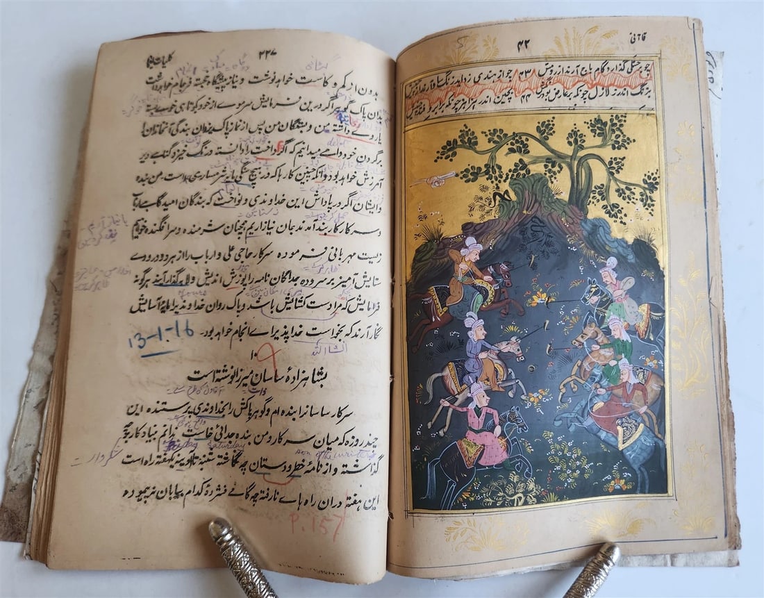 ILLUMINATED MANUSCRIPT antique in FARSI ILLUSTRATED w/ 10 GUACHE DRAWINGS - 6