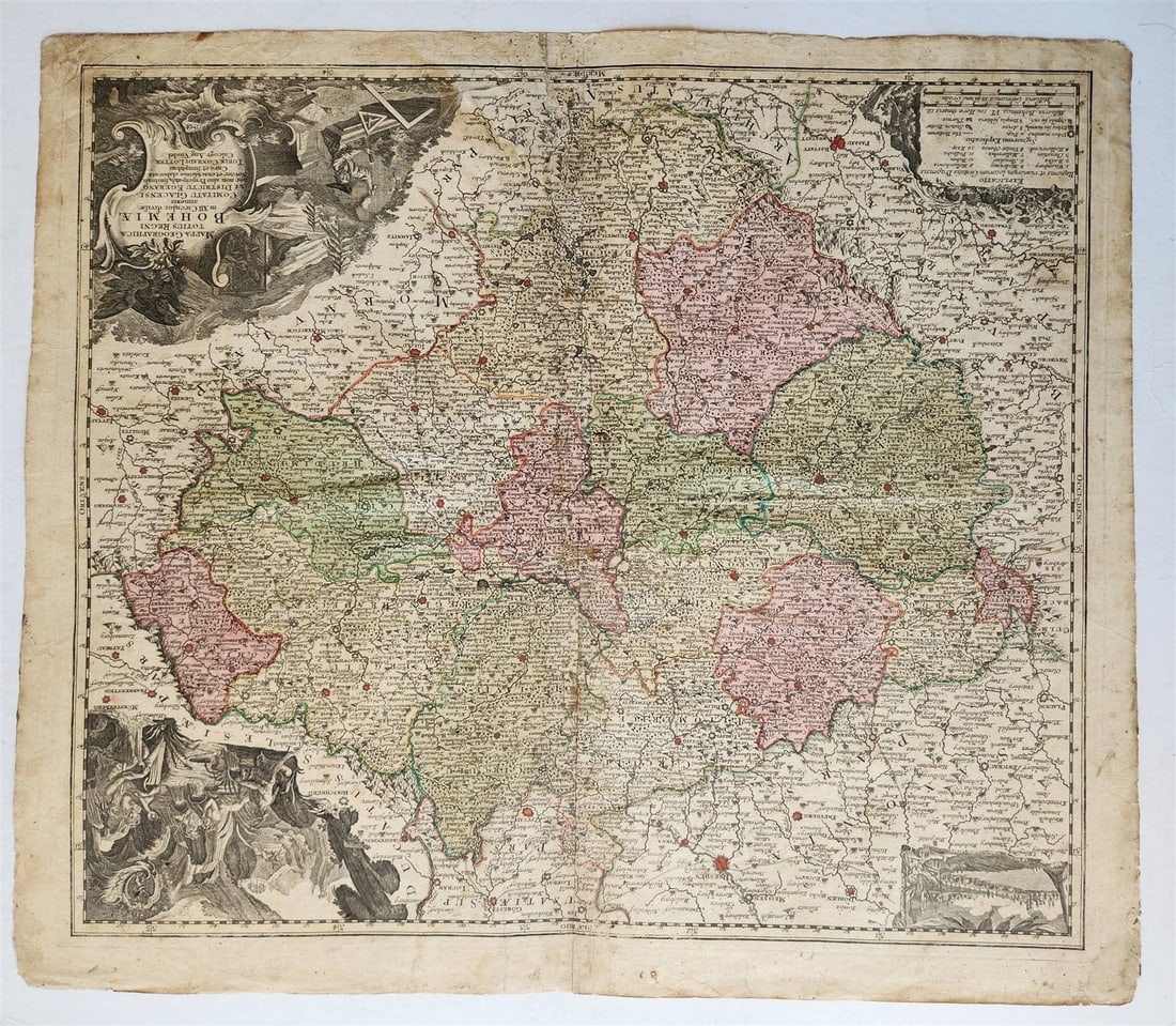 1758 BOHEMIA CZECH REPUBLIC antique MAP by Tobiae Conrad Lotter: MAPPA GEOGRAPHICA totius Regni BOHEMIAE Tobiae Conrad Lotter; 1758 Hand-colored etching on paper Size 20.5 by 23.5 inches Some wear, repairs visible on the backside scan = Johann Baptist Homann (20 Ma