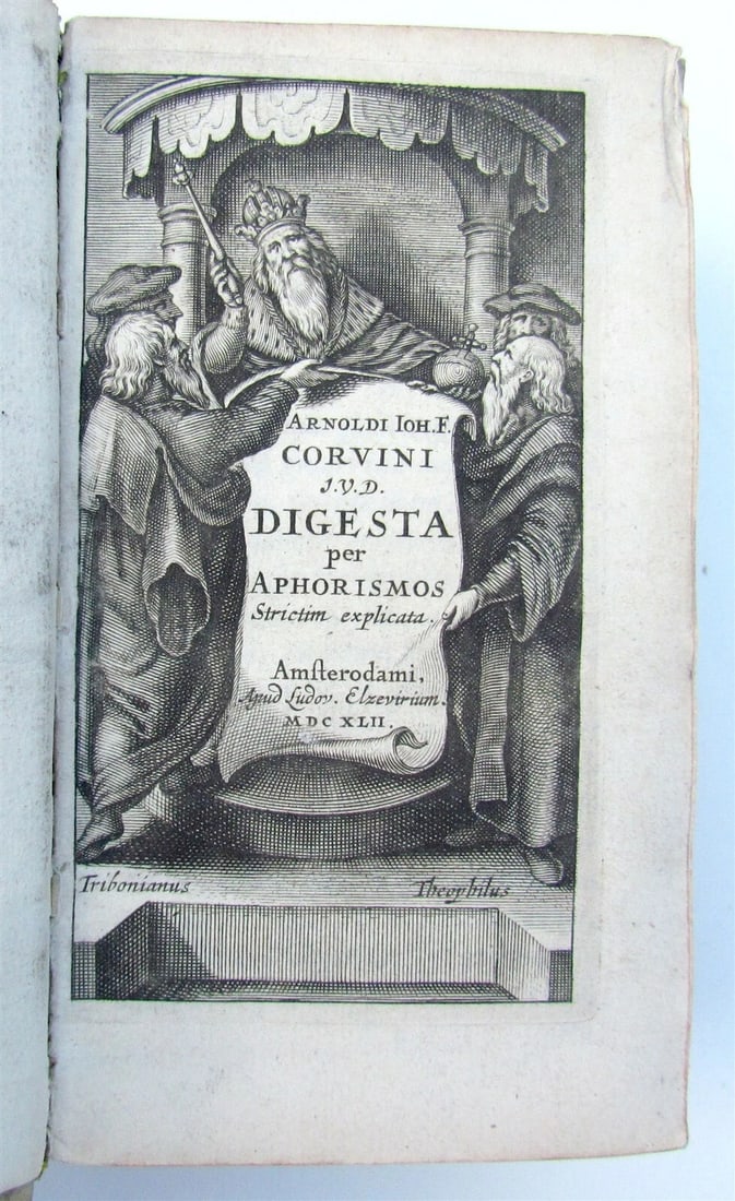 1642 DIGESTA PER APHORISMOS by ARNOLDI CORVINI antique VELLUM BOUND in LATIN: ARNOLDI CORVINI DIGESTA PER APHORISMOS strictim explicata Amsterdam, L. Elzevier, 1642 665 pages size: 3 by 5 1/3" Vellum bound Very good condition except damaged right edge of the front cover Text