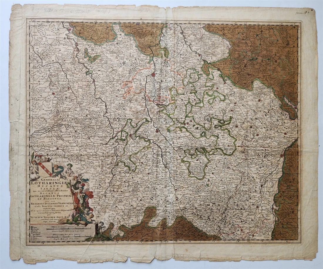 17th century MAP of FRANCE antique GENERALIS LOTHARINGIAE DUCATUS: GENERALIS LOTHARINGIAE DUCATUS The Duchy of Lorraine, the Duchy of Bar, and territories of Metz, Toul and Verdun by Nicolaum Visscher Amsterdam; n.d. (17th century) Size (overall) : 20 by 24.5" Frayed