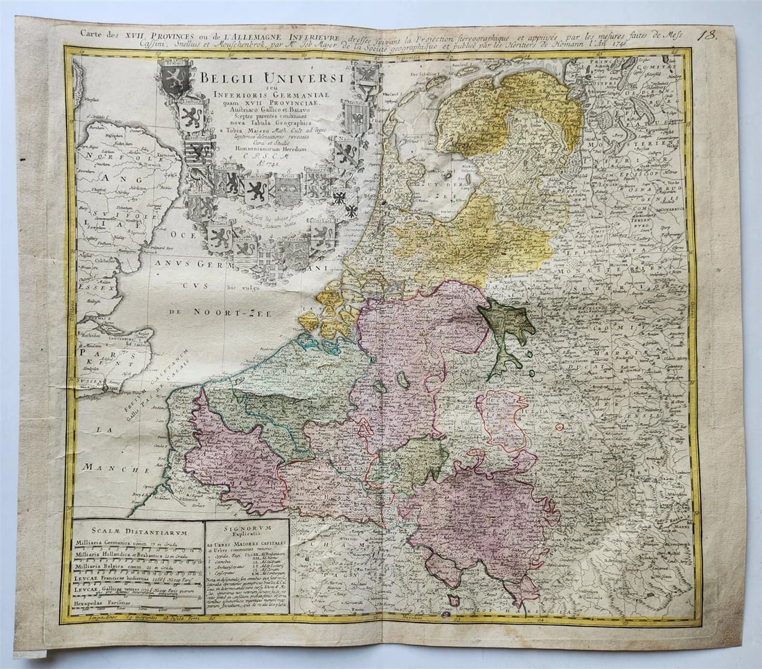 1748 MAP of NETHERLANDS Belgium and Luxembourg antique BELGII UNIVERSI: BELGII UNIVERSI depicting historical seventeen provinces of the Low Countries, encompassing modern-day Netherlands, Belgium and Luxembourg by Tobias Mayer Amsterdam: Homann Heirs; 1748 Hand colored,