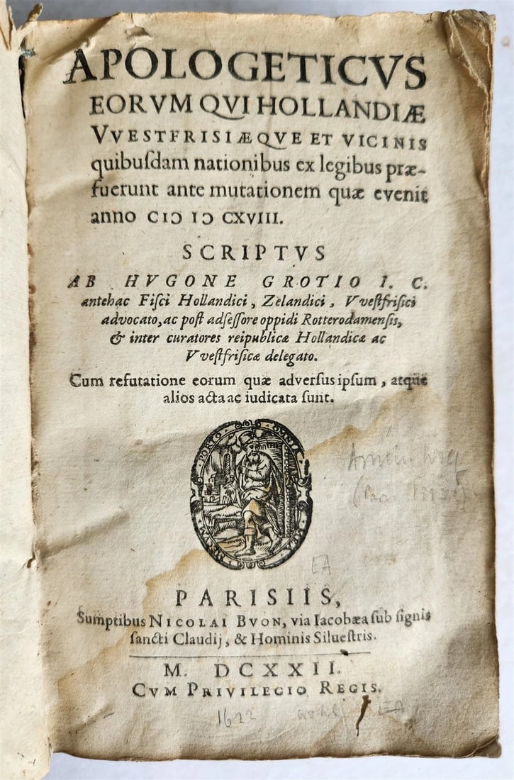1622 APOLOGETICUS EORUM QVI HOLLANDIAE by Hugone Grotio antique VELLUM BINDING: APOLOGETICUS EORUM QVI HOLLANDIAE by Hugone Grotio Paris; 1622 Original vellum, manuscript title to the spine Text in Latin Size 4 1/4 by 6 3/4" good condition, occasional dampstains = Reserve: