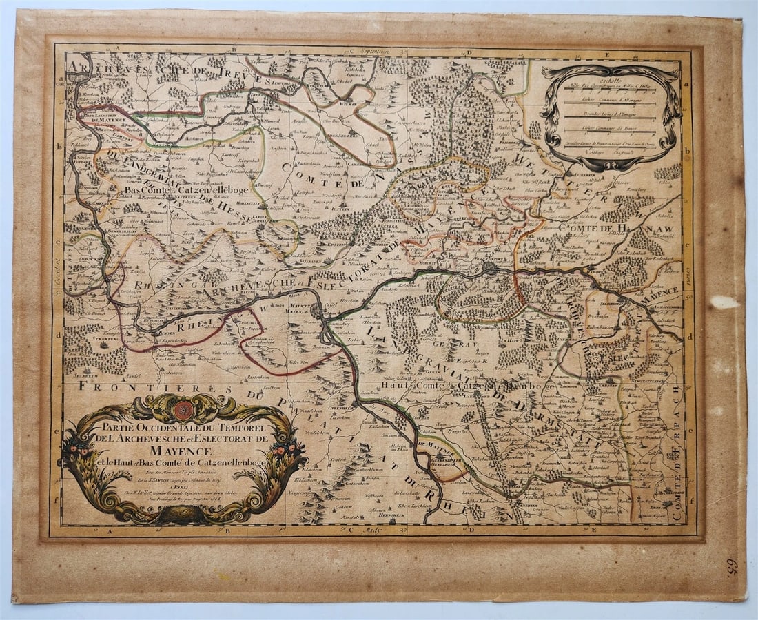 1696 MAP of GERMANY antique RHINE RIVER REGION BINGEN MAINZ ERBACH: MAP of Germany Archbishopric of Mainz (Mayence) and the county of Katzenelnbogen Paris; 1696 Size (overall) : 20 by 24.5" Text in French = Reserve: $201.00 Shipping: Domestic: Flat-rate of $25.00