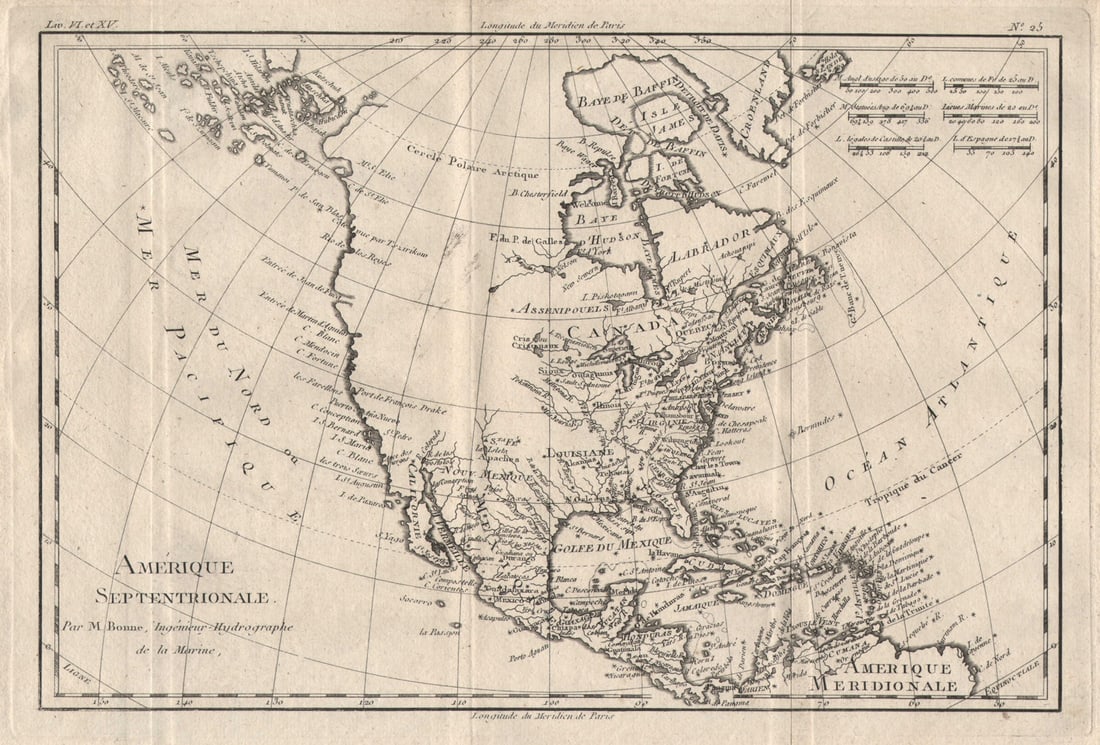 Amérique Septentrionale. North America. Misshapen Baja/Alaska. BONNE 1780 map: Title: Amérique Septentrionale. North America. Misshapen Baja/Alaska. BONNE 1780 map Description: Amérique Septentrionale'. A map of North America, including a misshapen Baja California,