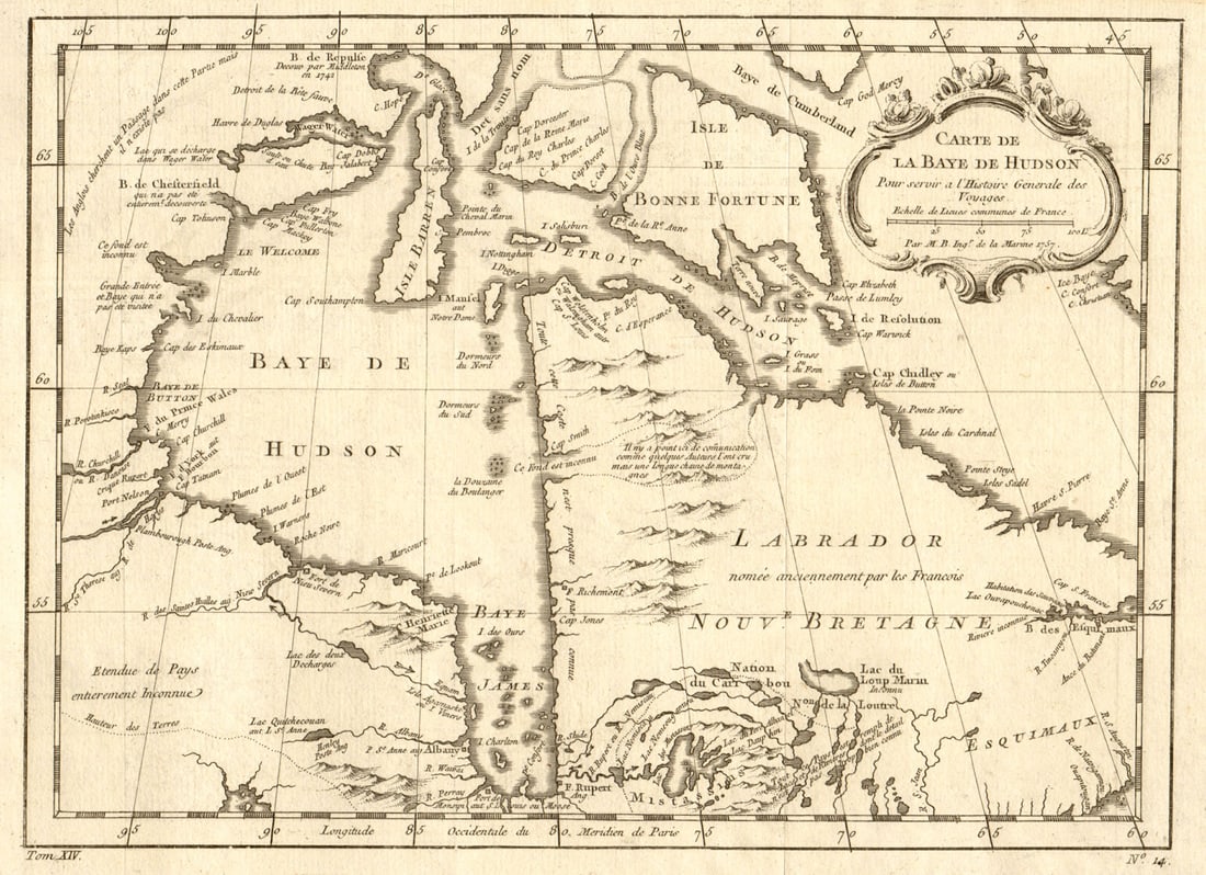 Carte de la Baye de Hudson'. Hudson's Bay. Northern Quebec. BELLIN 1757 map (1 of 1)