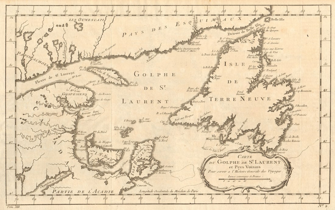 Carte du Golfe de Saint Laurent' St Lawrence Gulf Newfoundland. BELLIN 1756 map: Title: Carte du Golfe de Saint Laurent' St Lawrence Gulf Newfoundland. BELLIN 1756 map Description: Carte du Golfe de Saint Laurent & pays voisins [Map of the Gulf of Saint Lawrence &
