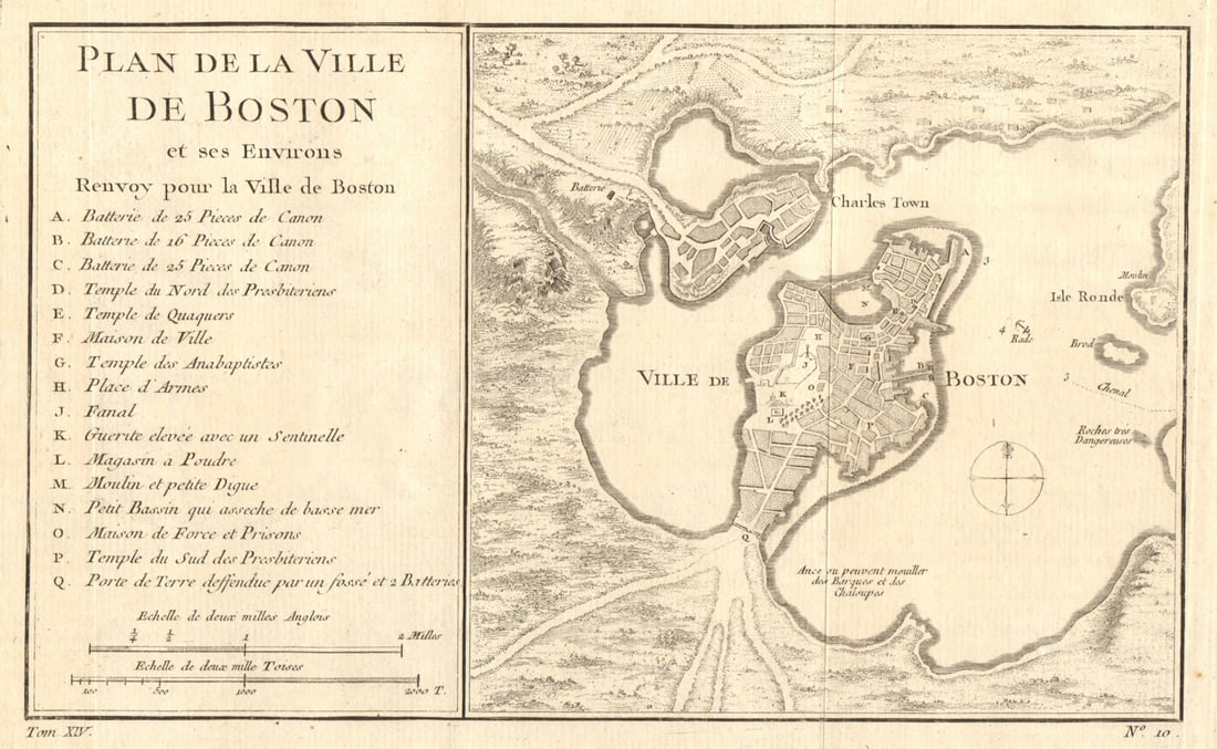 Plan de la ville de Boston'. Boston & Charlestown plan. BELLIN 1757 old map (1 of 1)