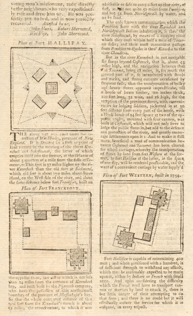 Forts Shirley (or Frankfort), Western & Halifax. Kennebec River, Maine 1755 map: Title: Forts Shirley (or Frankfort), Western & Halifax. Kennebec River, Maine 1755 map Description: [Plans of 3 Forts on the Kennebeck, in New England] Plan of Fort Hallifax // Plan of Fort