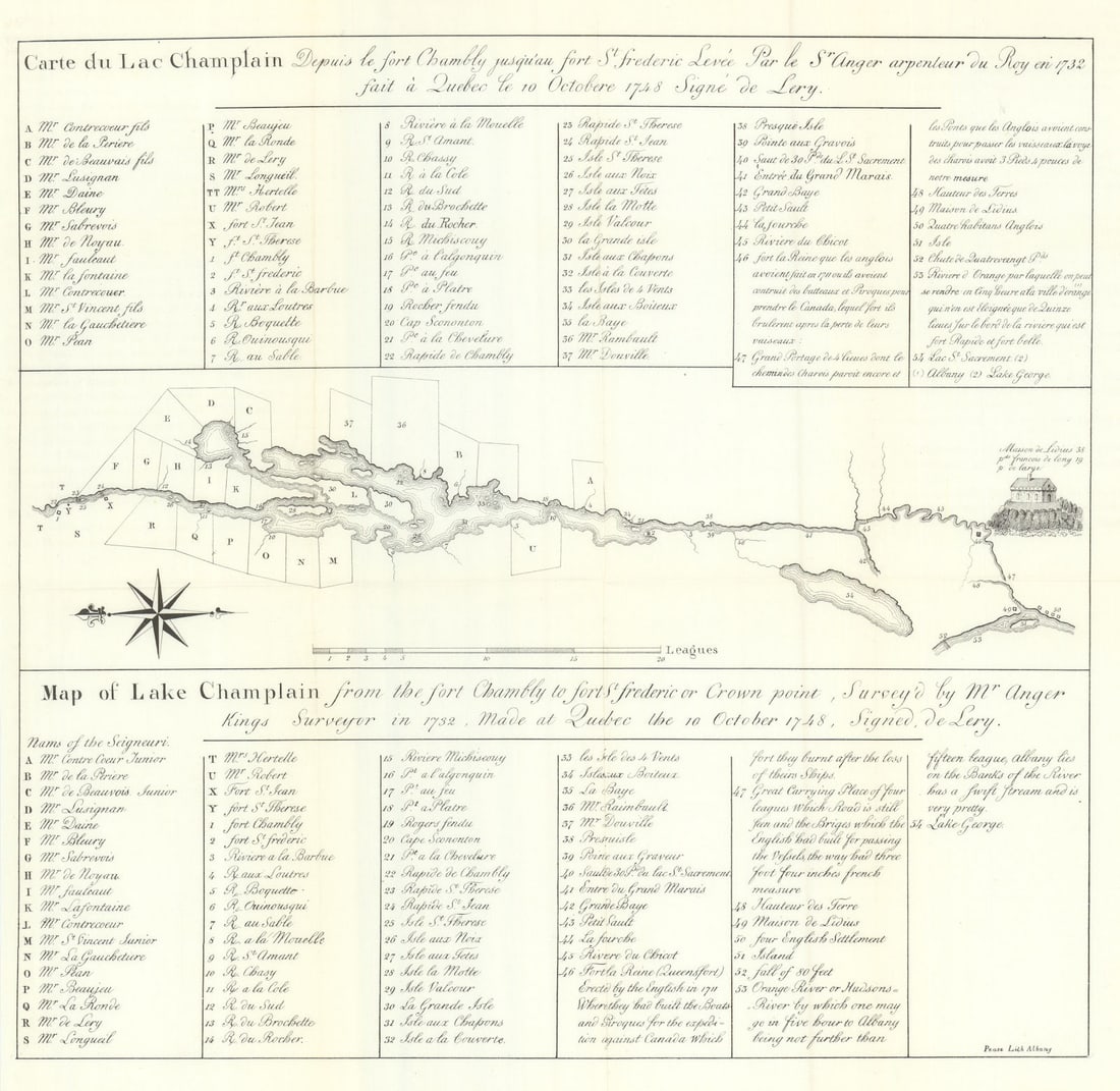 Map of Lake Champlain. 1748 French property claims. De Lery 1849 old: Title: Map of Lake Champlain. 1748 French property claims. De Lery 1849 old Description: Map of Lake Champlain from the fort Chambly to fort Chambly to fort St Frederic or Crown point, Survey'd by Mr.