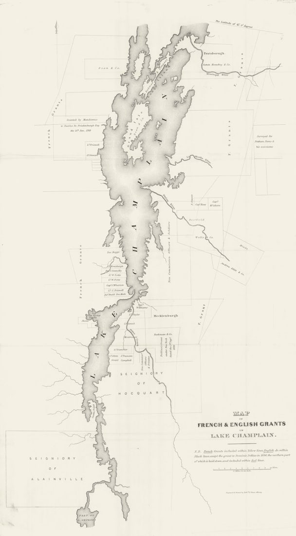 Map of French & English Grants on Lake Champlain. New York State. Pease 1849: Title: Map of French & English Grants on Lake Champlain. New York State. Pease 1849 Description: Map of French & English Grants on Lake Champlain' by Pease, Richard H.. Published 1849. Antique 19t