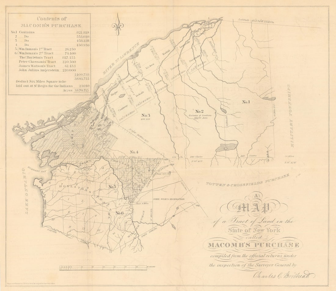 A map of… Macomb's Purchase, northern New York State 1850 old antique: Title: A map of… Macomb's Purchase, northern New York State 1850 old antique Description: A Map of a Tract of land in the state of New York called Macomb's Purchase'. Charles Brodhead. Engraved 