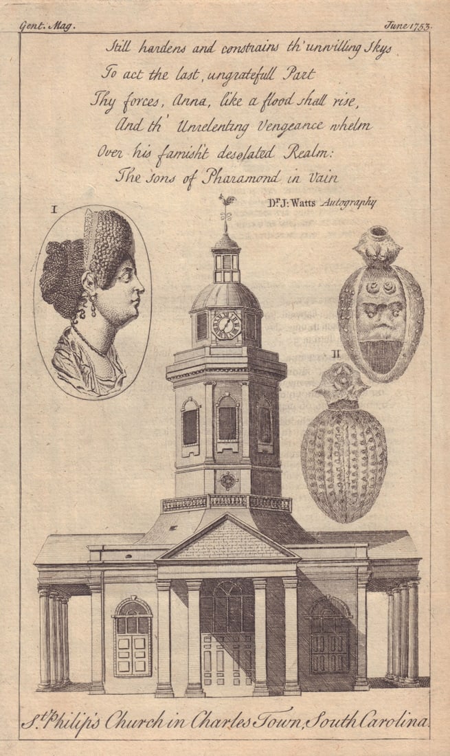 St. Philip's Church in Charles Town, South Carolina. Charleston 1753 old print (1 of 1)